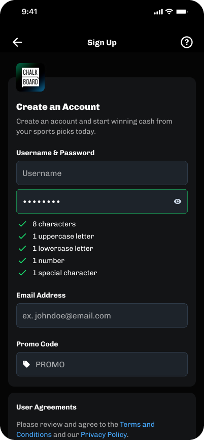 Account creation with live password validation