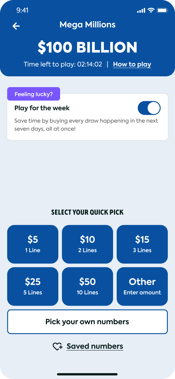 Optimized Game Screen, Quick Pick ladder $5 to $50 plus Other, with Play for the week toggle.