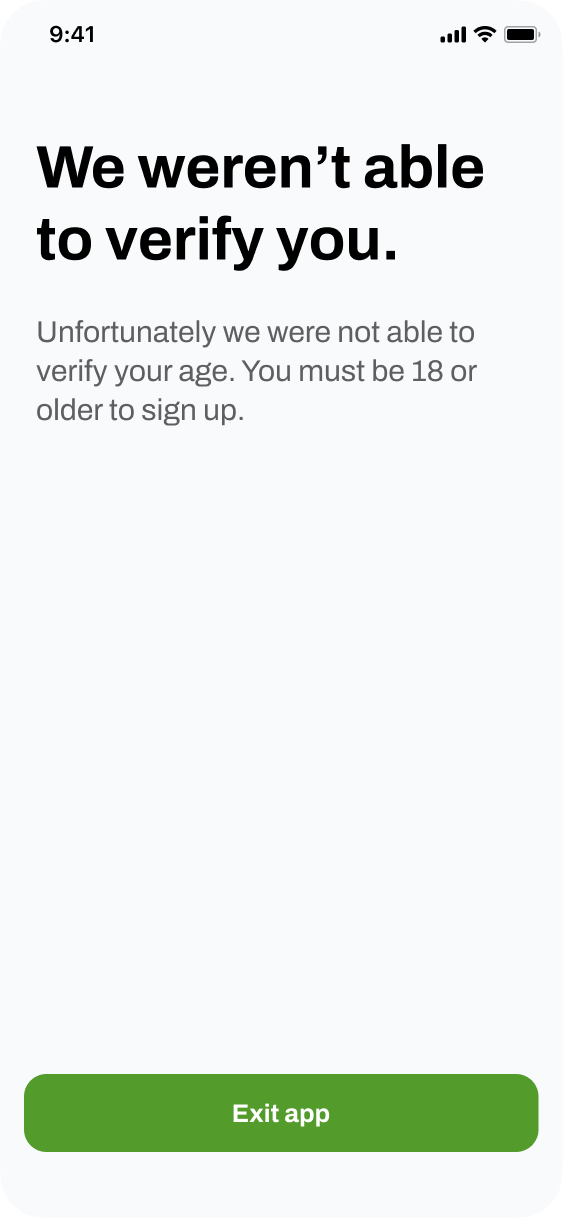V1 age verification · dead-end exit screen
