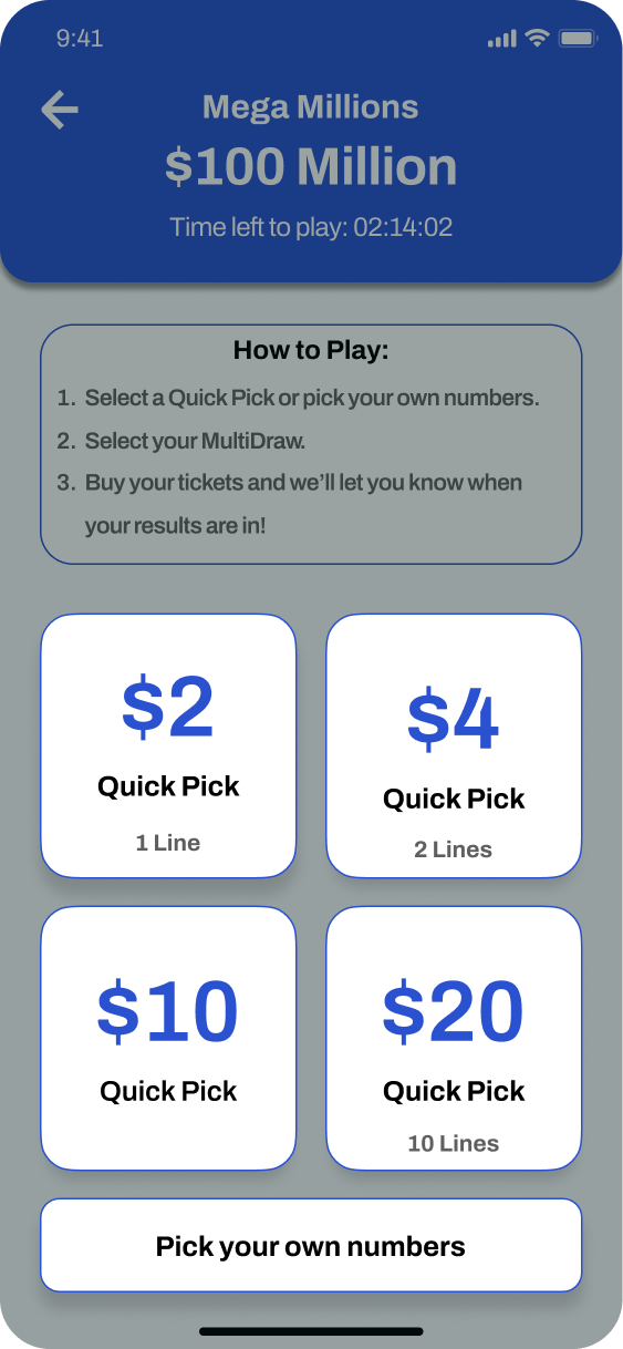 V1 game screen · 4-button Quick Pick capped at $20