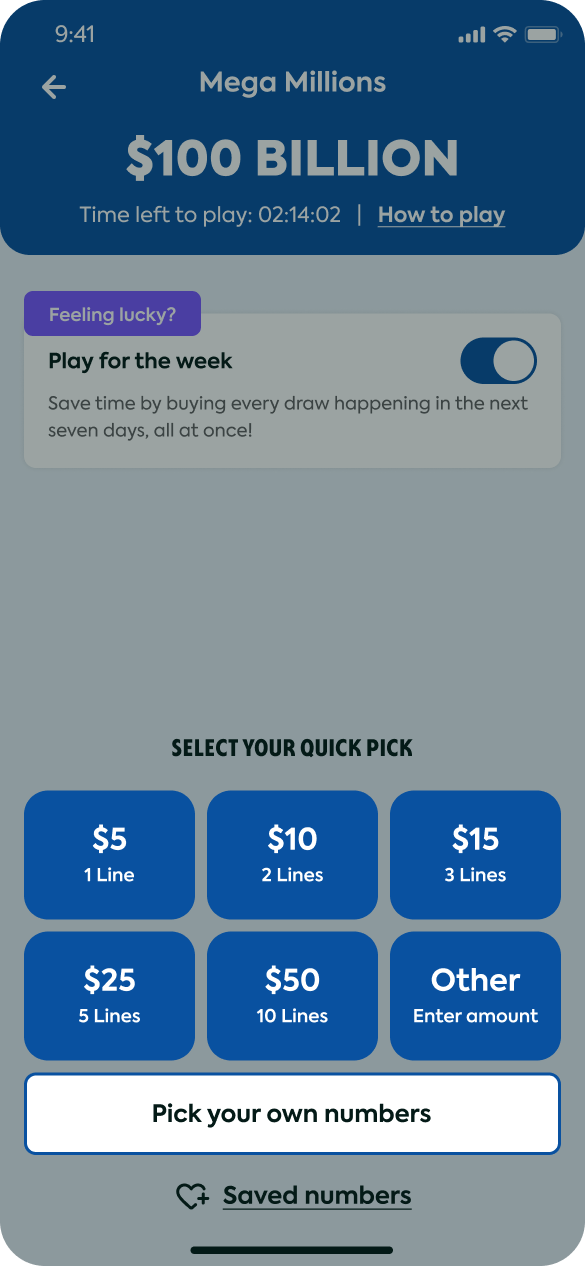 V3 game screen · 6-button Quick Pick ladder + Play for the week toggle
