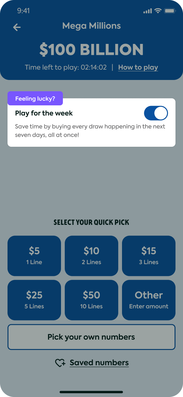 Mega Millions · Play for the week toggle enabled