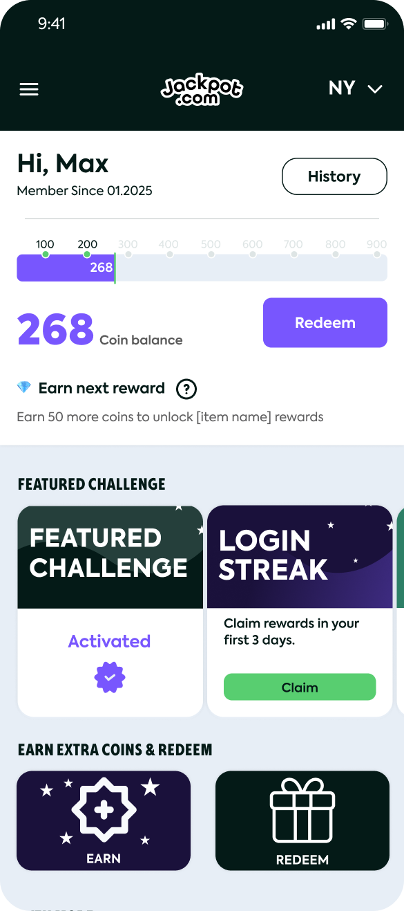 Loyalty home: coin balance with Redeem, the Featured Challenge card marked Activated, and a Login Streak card with Claim