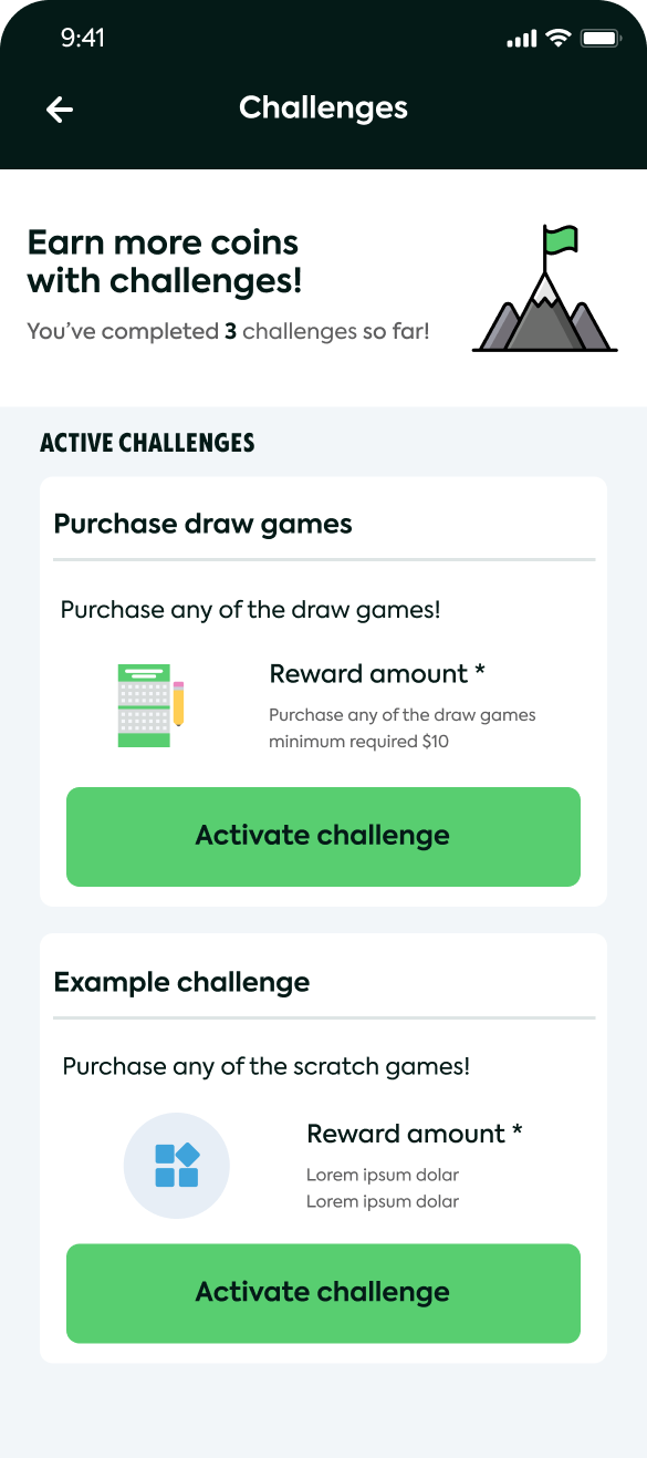 Challenges page: Earn more coins with challenges, active quests like Purchase draw games, each with an Activate challenge CTA
