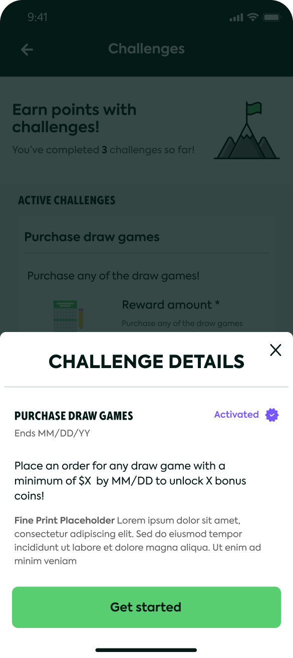 Challenge details sheet: Purchase Draw Games marked Activated, the bonus-coin terms, and a Get started CTA