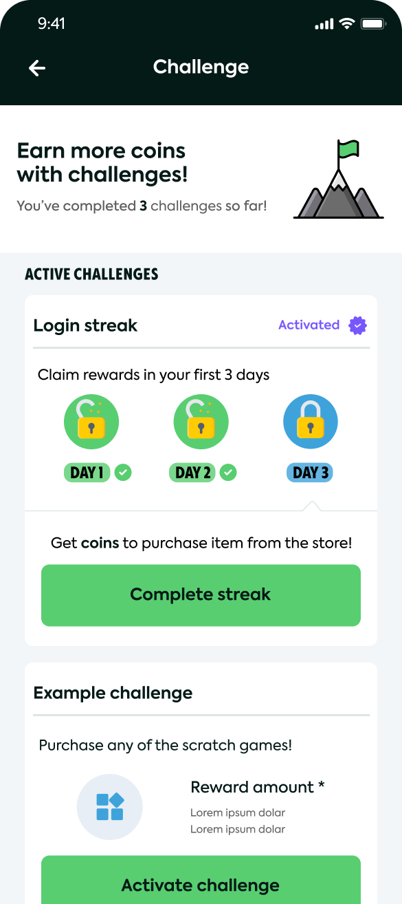 Login streak in progress: days 1 and 2 unlocked with checkmarks, day 3 locked, and a Complete streak CTA
