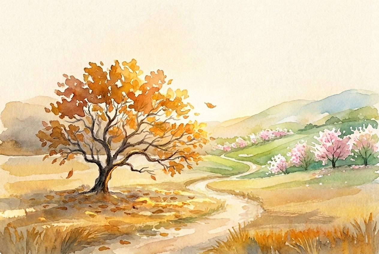 Four hand-painted watercolor seasons from the app's intro: bare winter, first buds, full summer, falling leaves