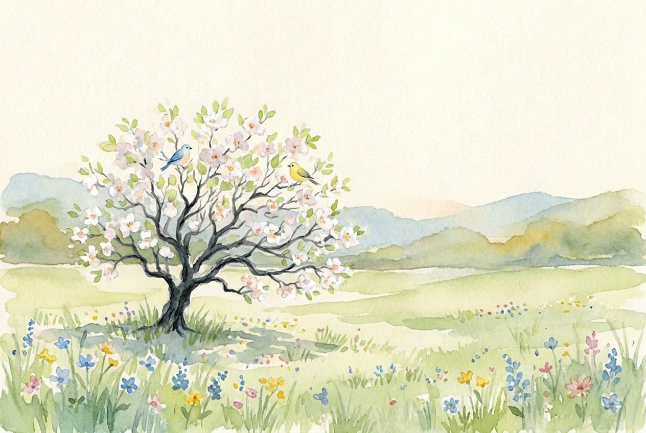 Spring watercolor: first buds turning