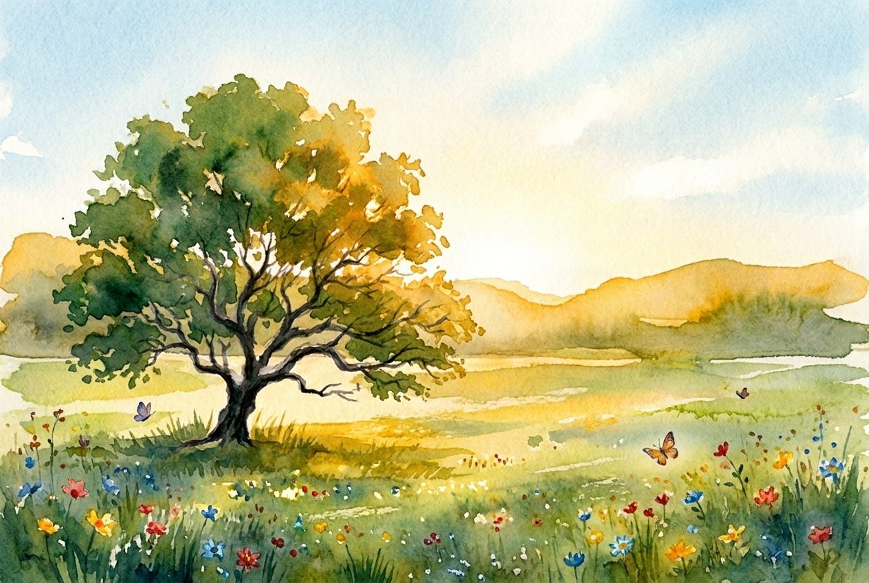 Summer watercolor: a tree in full leaf