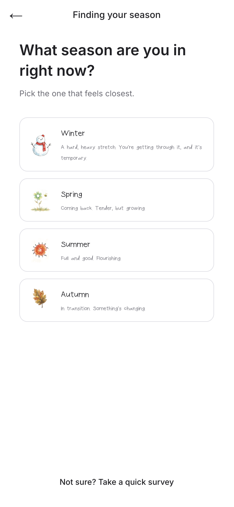 Season choice screen: the heading What season are you in right now, four rows for Winter, Spring, Summer, and Autumn, each with a hand-drawn mark and a short description, and the line Not sure? Take a quick survey at the bottom