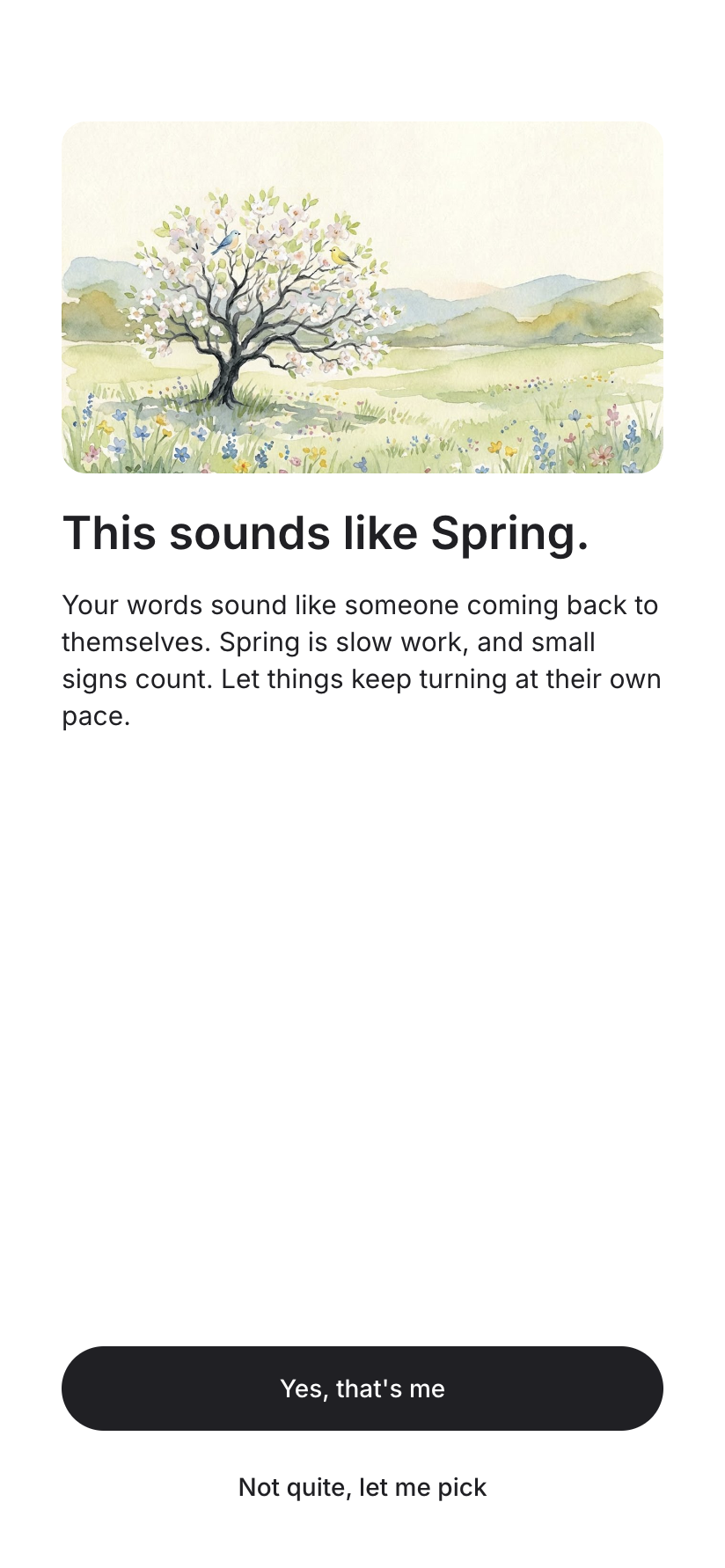 Survey result: a spring watercolor, the heading This sounds like Spring, a short reflection paragraph, a filled Yes that's me button, and a Not quite let me pick line
