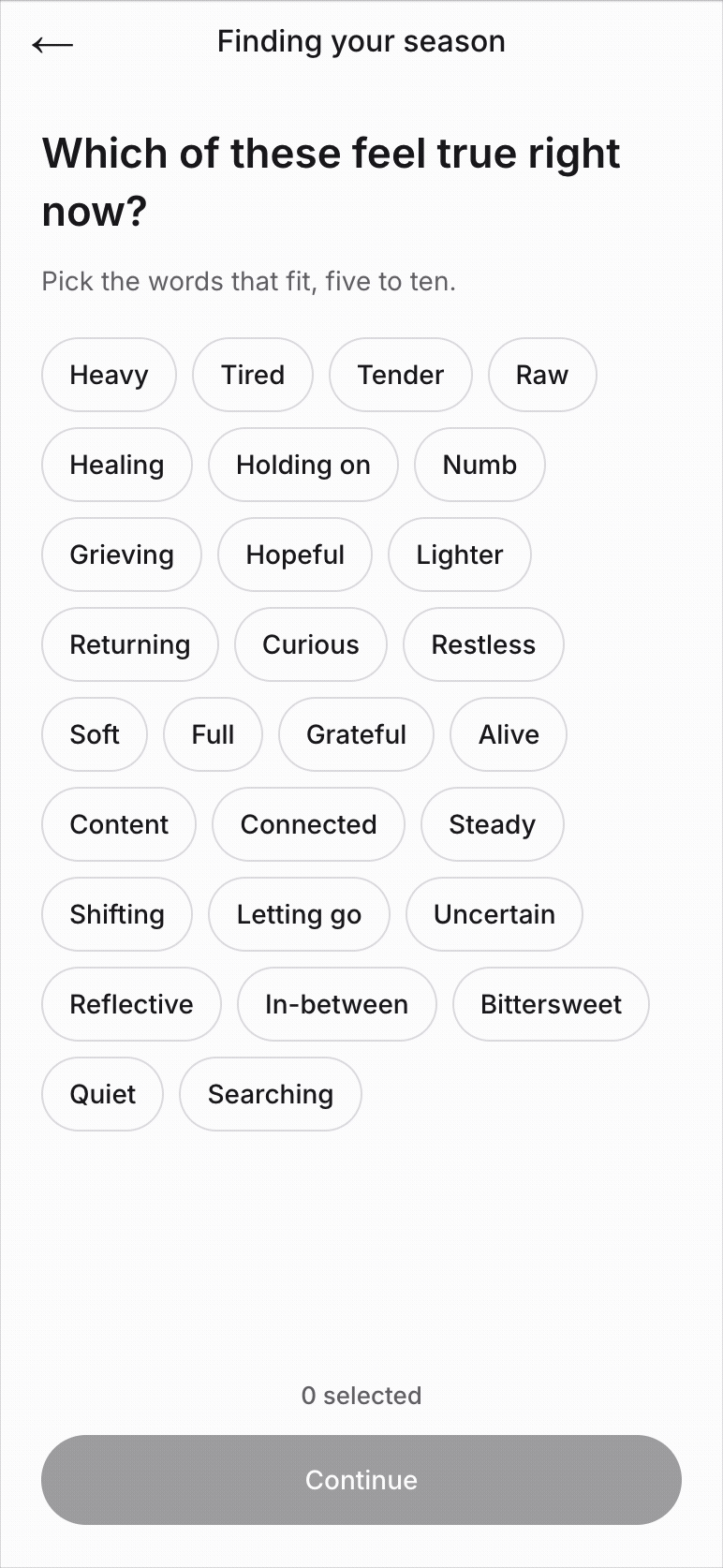 Your device's step, animated: the survey's word screen, Which of these feel true right now, with feeling words being picked toward the Continue button
